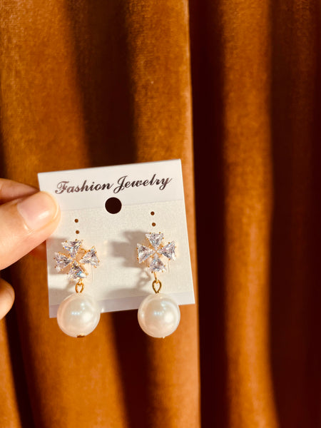 Elegant Crystal Flower & Pearl Drop Earrings