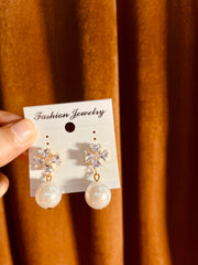 Elegant Crystal Flower & Pearl Drop Earrings