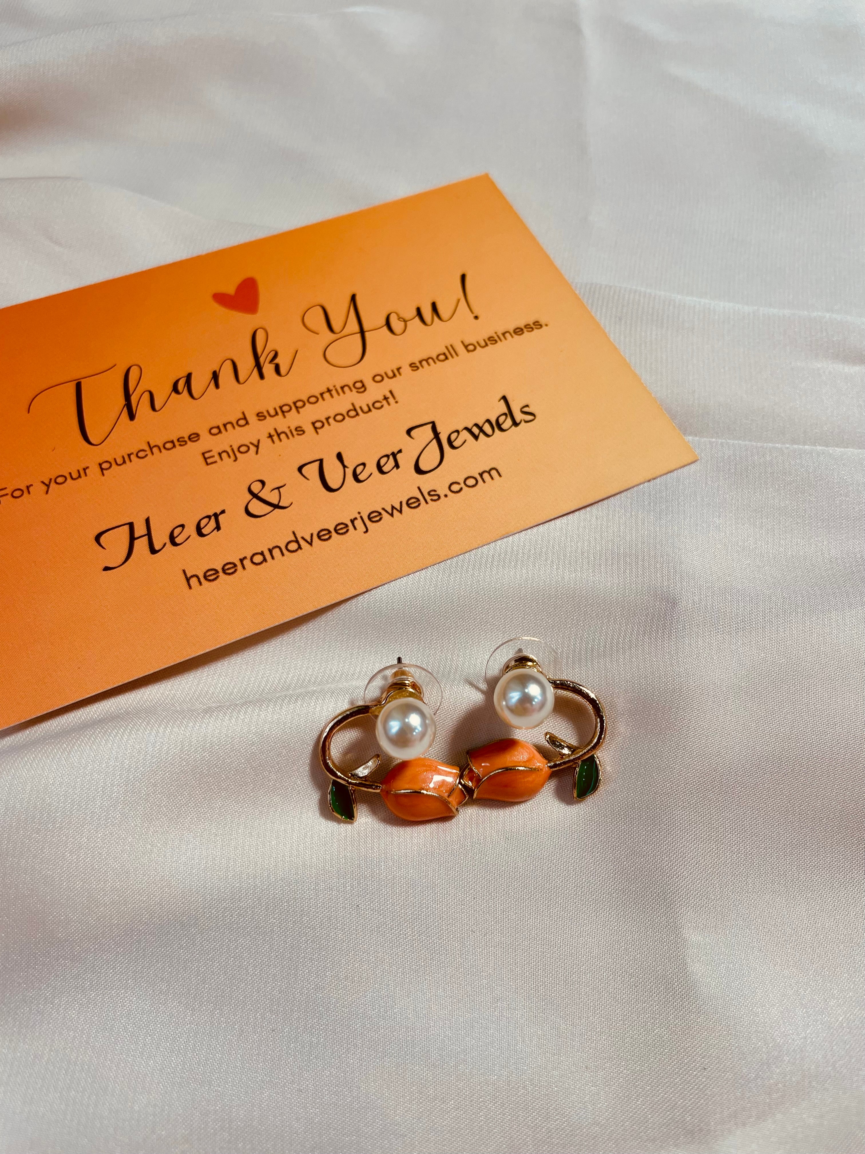 Tulip Orange Pearl Flower Stud Earrings