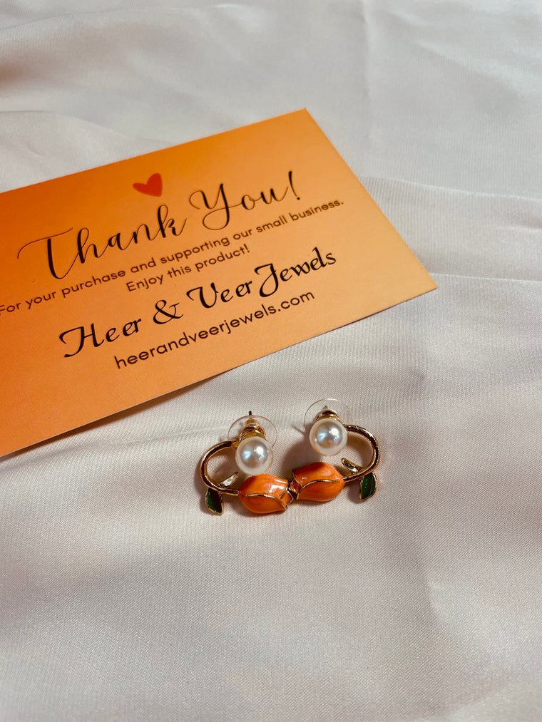 Tulip Orange Pearl Flower Stud Earrings