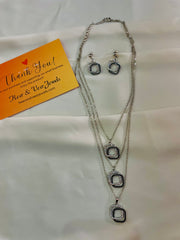 Triple Layer Silver & Black Rhinestone Geometric Pendent Set With Drop Earrings