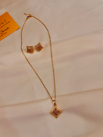 Gold Style Cube Shape Pendent Set - Red Stone