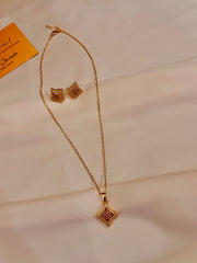 Gold Style Cube Shape Pendent Set - Red Stone