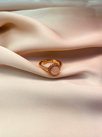 Golden Ring With Baby Pink Color Stone (Adjustable) - Tarnish Free