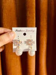 Elegant Crystal Flower & Pearl Drop Earrings