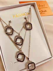 Triple Layer Silver & Black Rhinestone Geometric Pendent Set With Drop Earrings