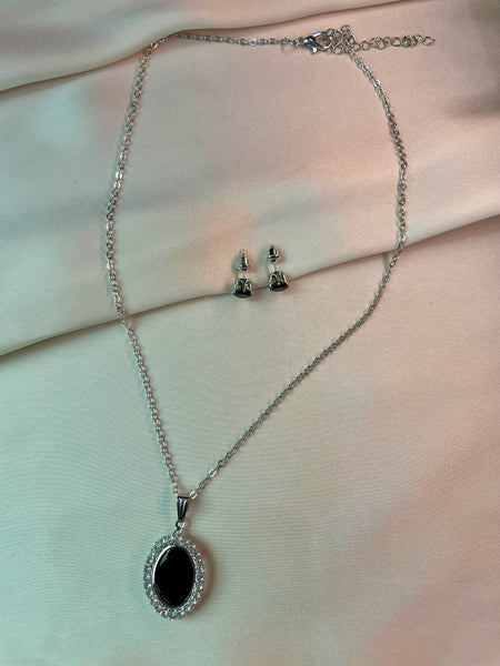 Pendent Set - Silver chain with black stone