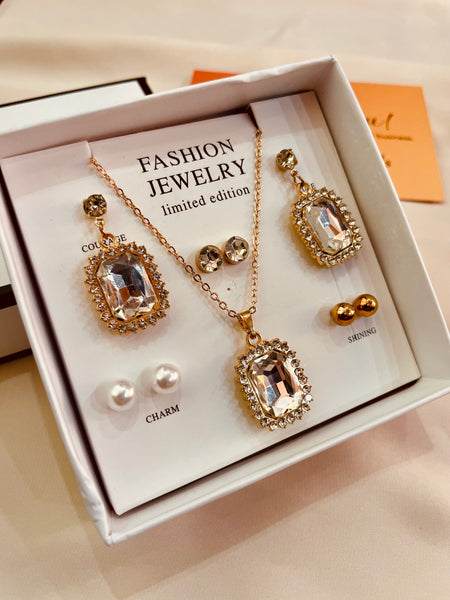 Crystal Cubic Zirconia Pendent Set With Drop Earrings and Three Stud's