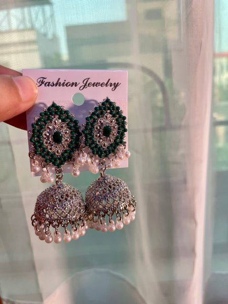 Silver & Green Rhine Stone Jhumki Earrings For Party - Wedding Wears