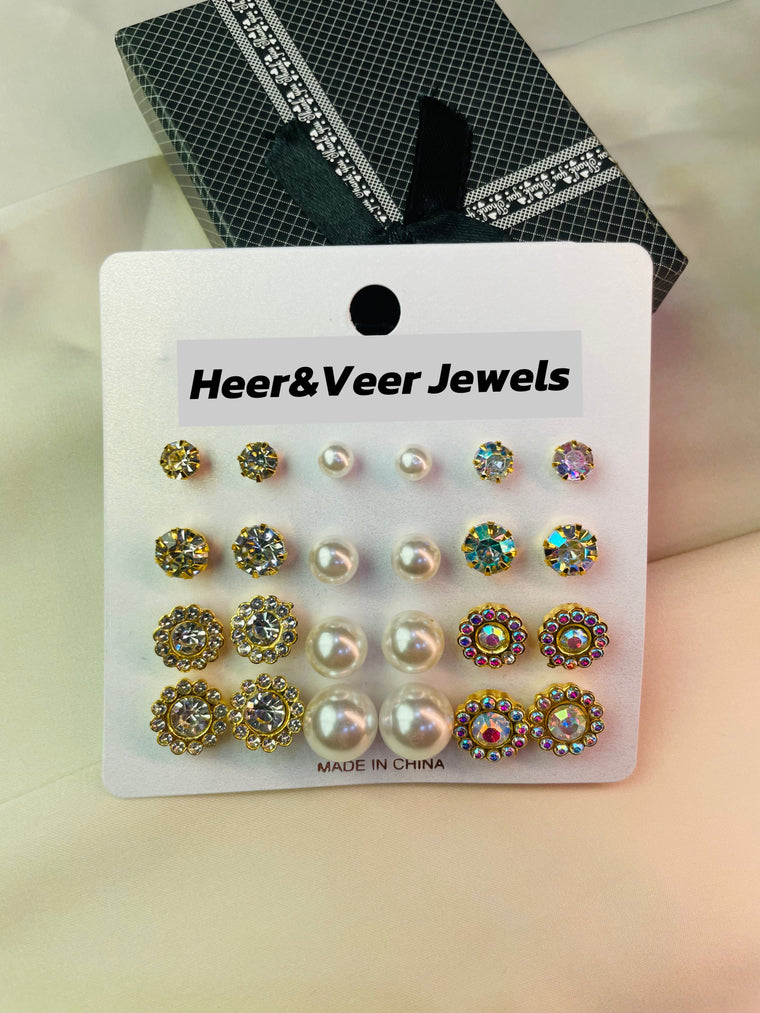 Pack of 12 pairs of Rhinestone and Pearl Studs