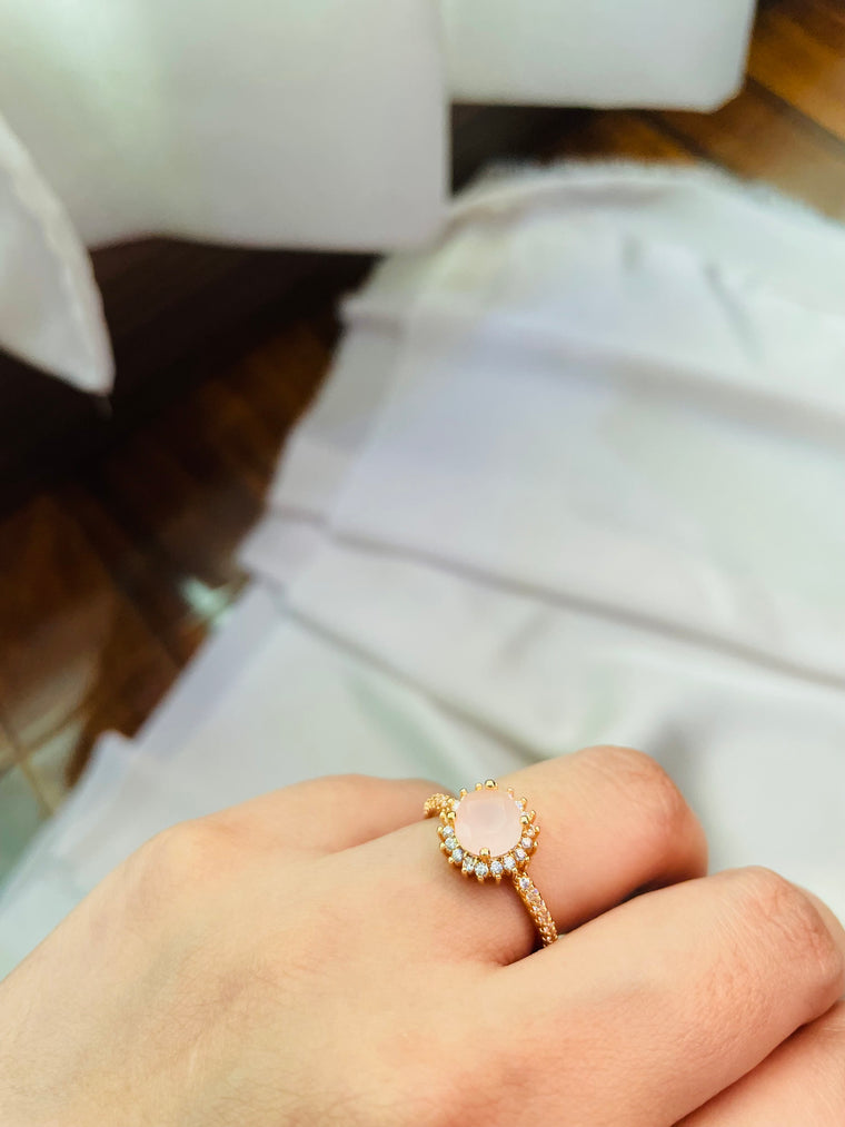 Golden Ring With Baby Pink Color Stone (Adjustable) - Tarnish Free
