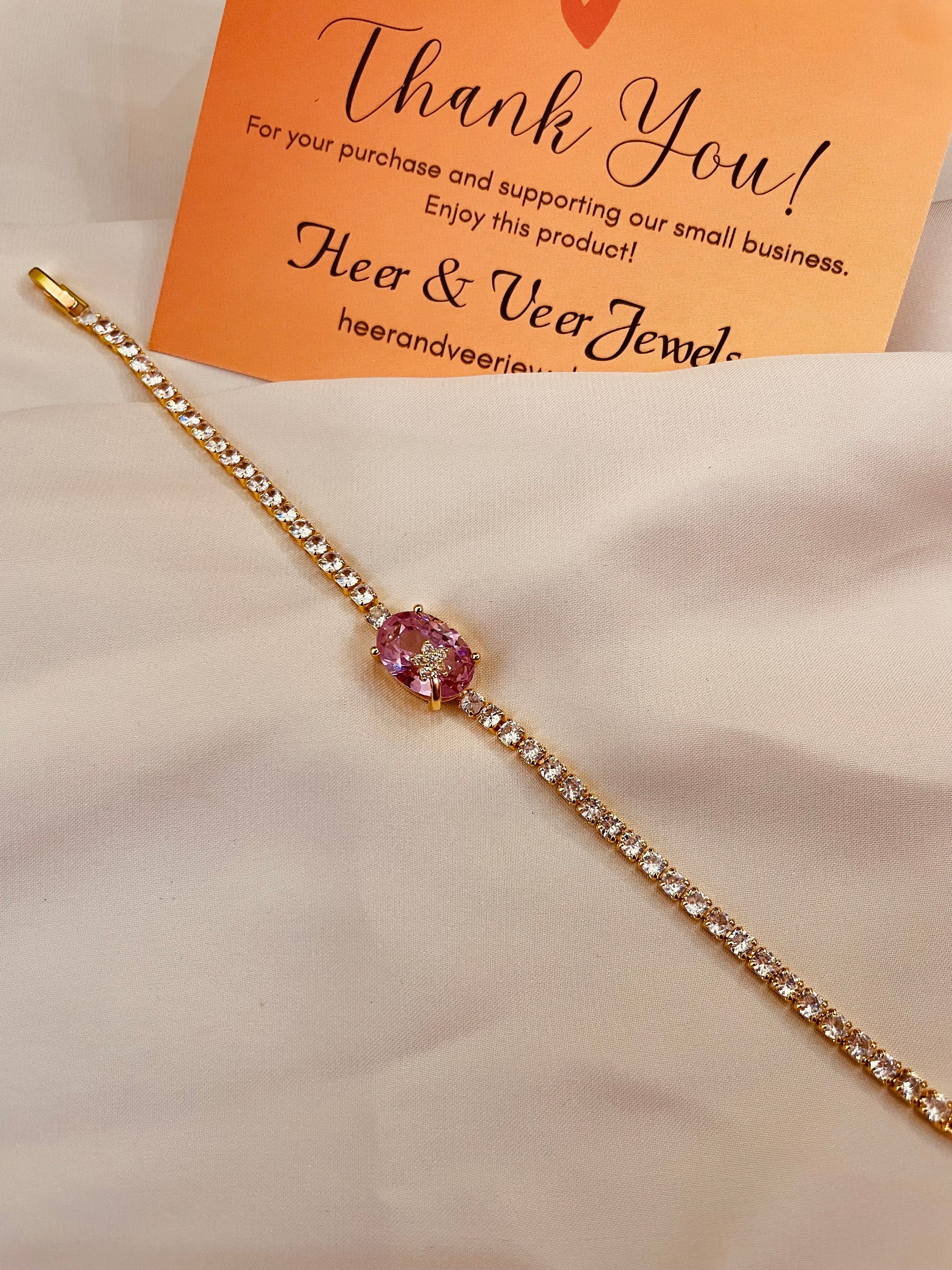 Pink Crystal & Rhinestone Studded Chain Bracelet