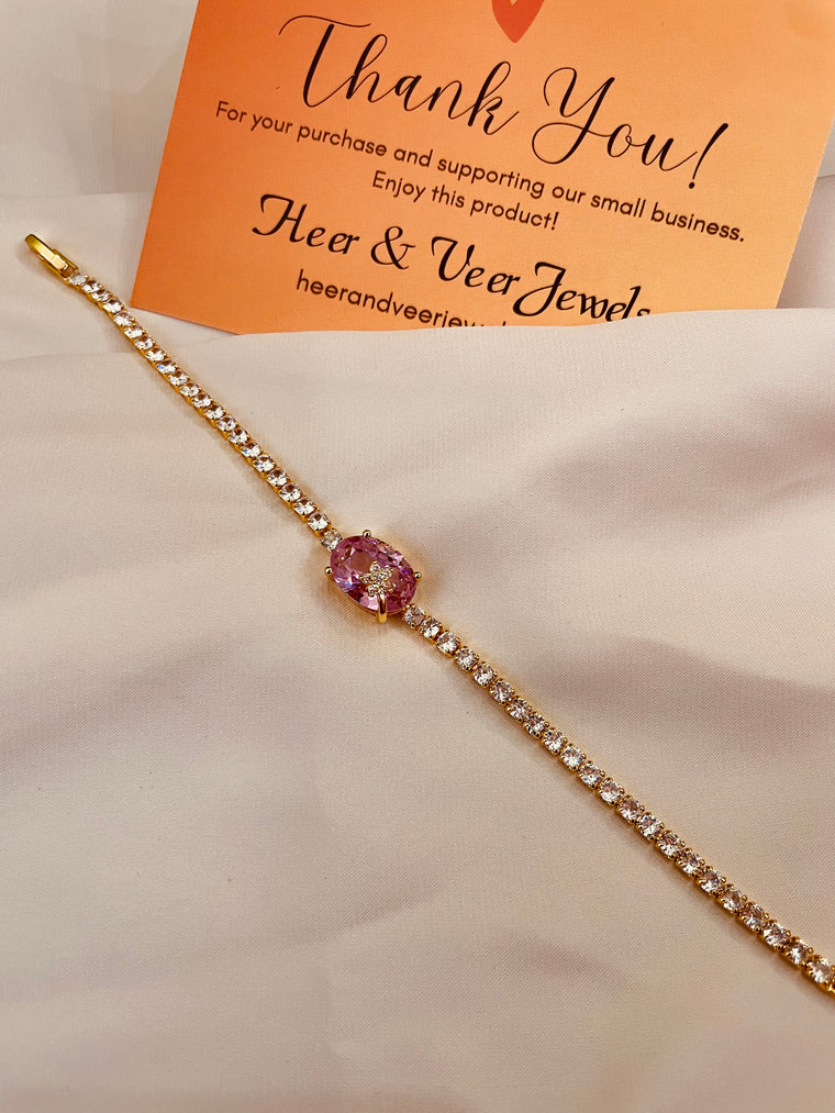 Pink Crystal & Rhinestone Studded Chain Bracelet