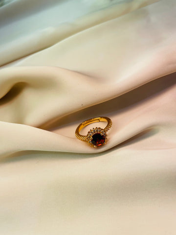 Golden Ring With Vine Red Color Stone (Adjustable) - Tarnish Free