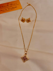 Gold Style Cube Shape Pendent Set - Red Stone
