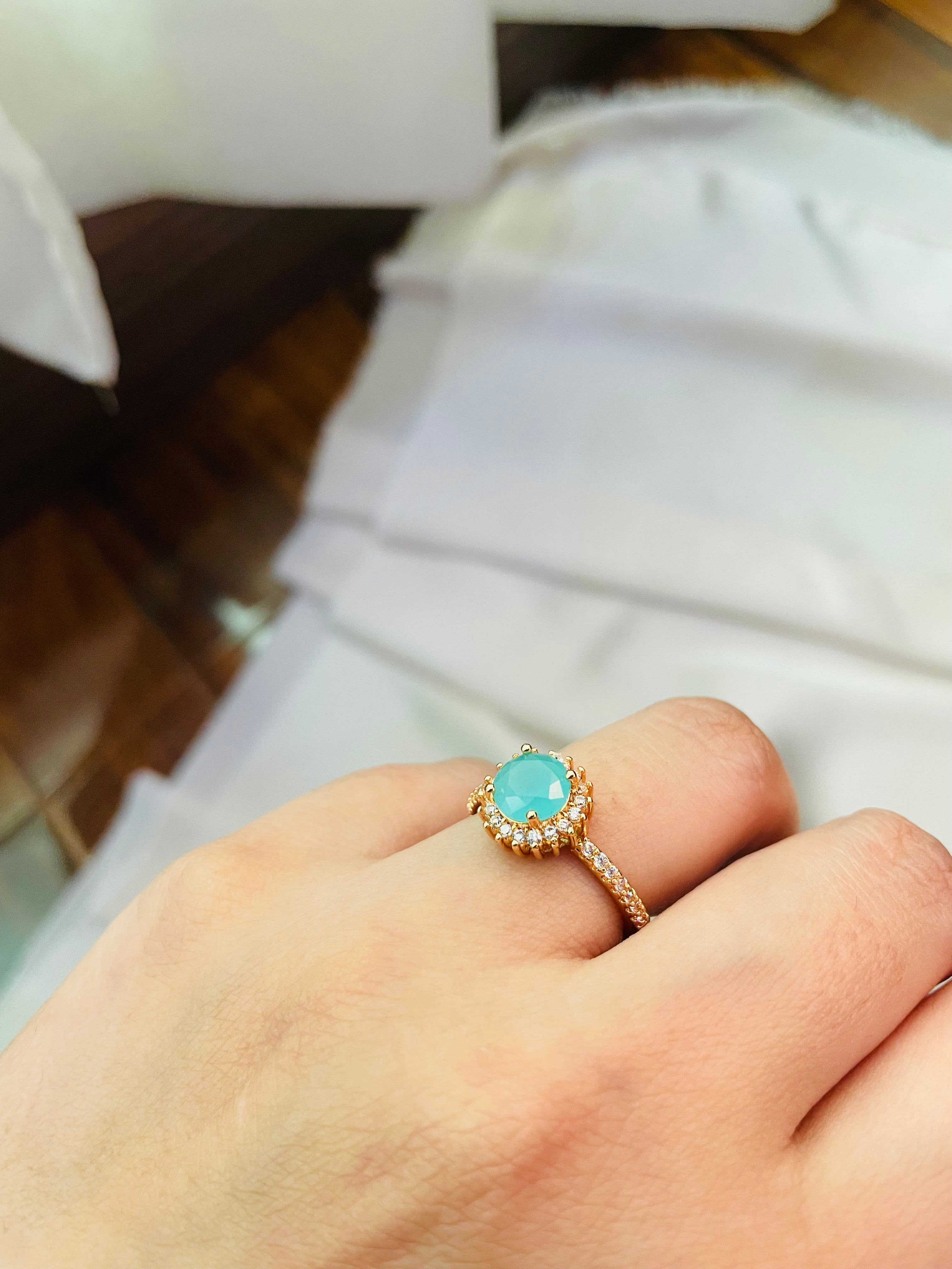 Golden Ring With Aqua Color Stone (Adjustable) - Tarnish Free