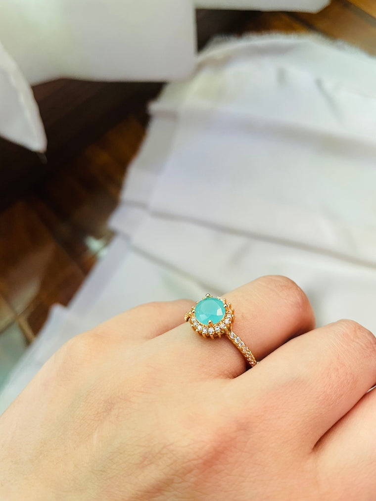 Golden Ring With Aqua Color Stone (Adjustable) - Tarnish Free