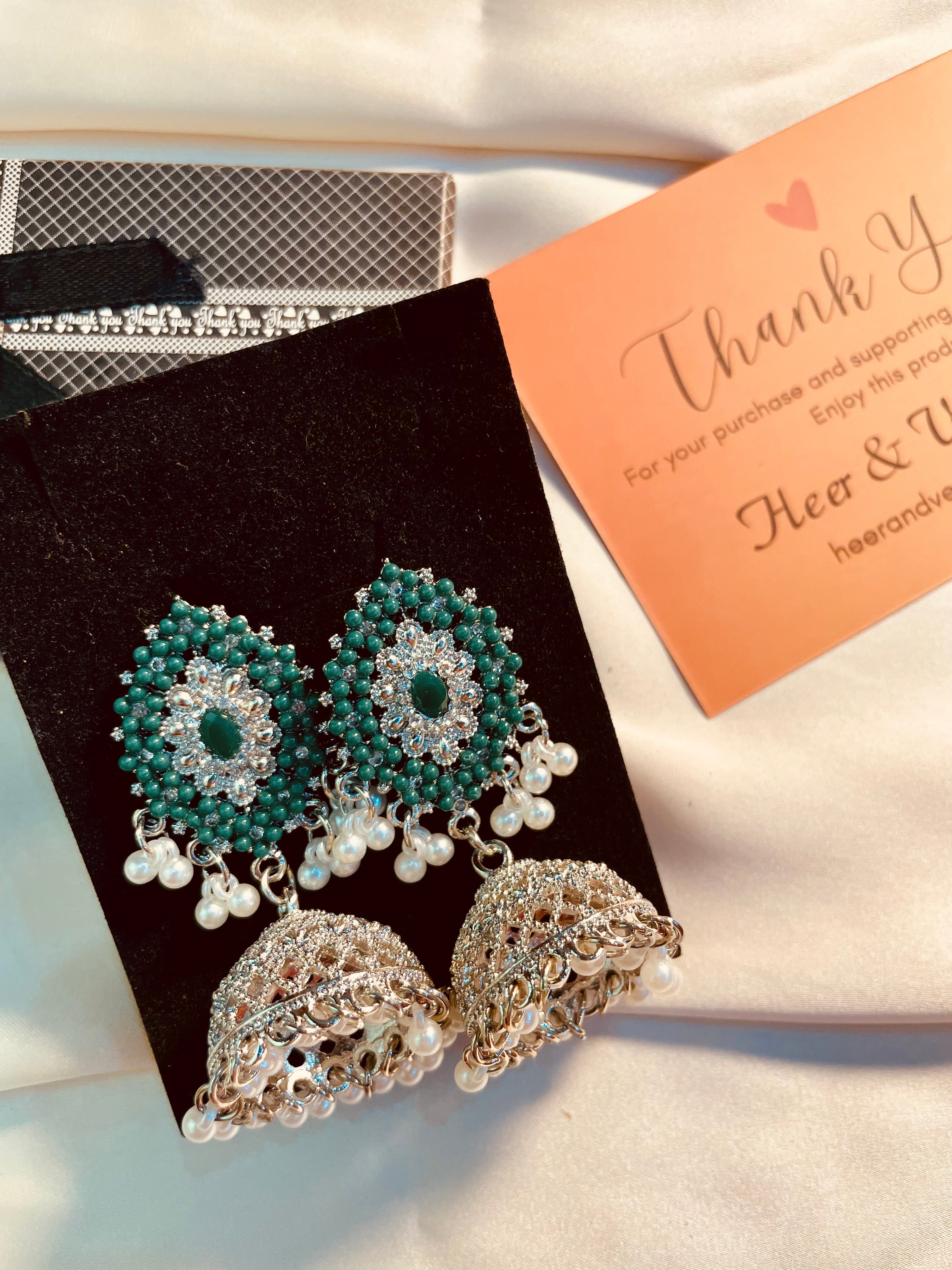 Silver & Green Rhine Stone Jhumki Earrings For Party - Wedding Wears