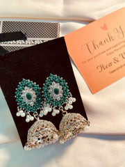 Silver & Green Rhine Stone Jhumki Earrings For Party - Wedding Wears