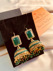Traditional Green Stone Jhumki Style Earrings For Party _ Wedding wear