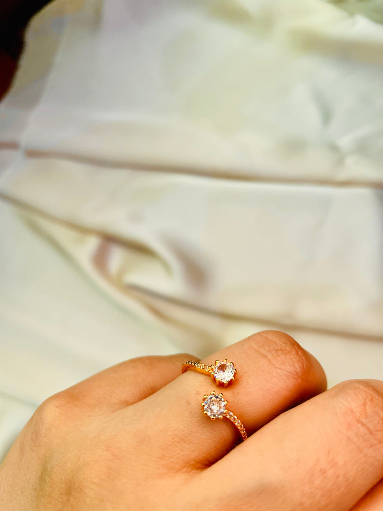 Double Flower Shape Crystal Open Ring (Adjustable) - Tarnish Free