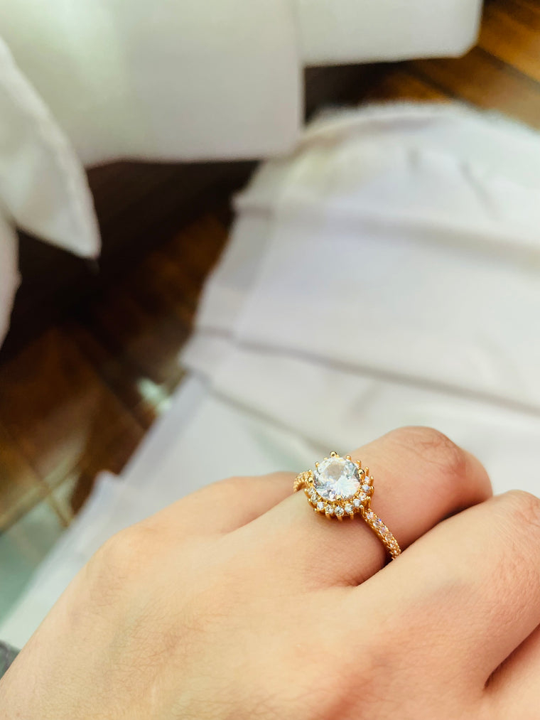Golden Ring With Crystal White Stone  (Adjustable) - Tarnish Free