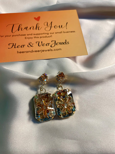 Flower Pattern Crystal Stone Drop Earrings - Party Wear