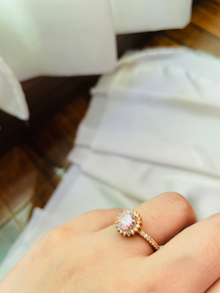 Golden Ring With Crystal Pink Color Stone (Adjustable) - Tarnish Free