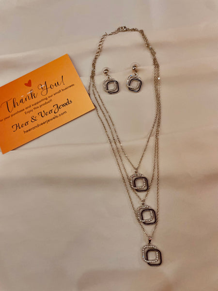 Triple Layer Silver & Black Rhinestone Geometric Pendent Set With Drop Earrings