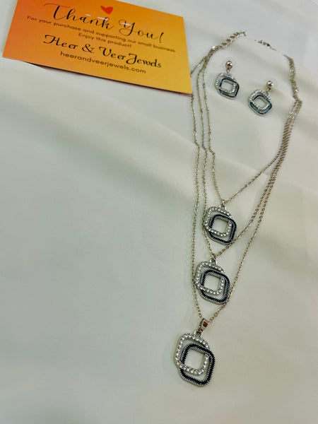 Triple Layer Silver & Black Rhinestone Geometric Pendent Set With Drop Earrings