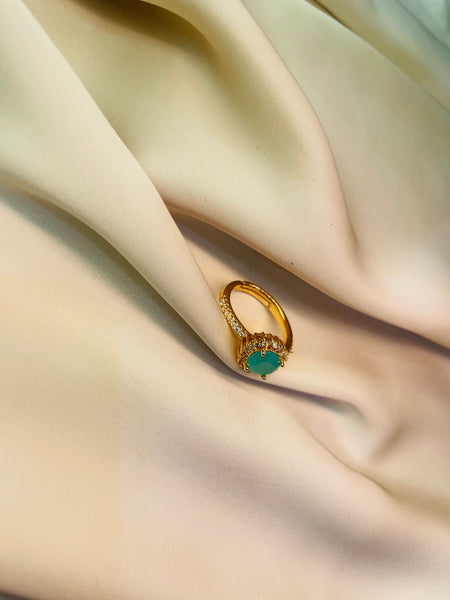 Golden Ring With Aqua Color Stone (Adjustable) - Tarnish Free