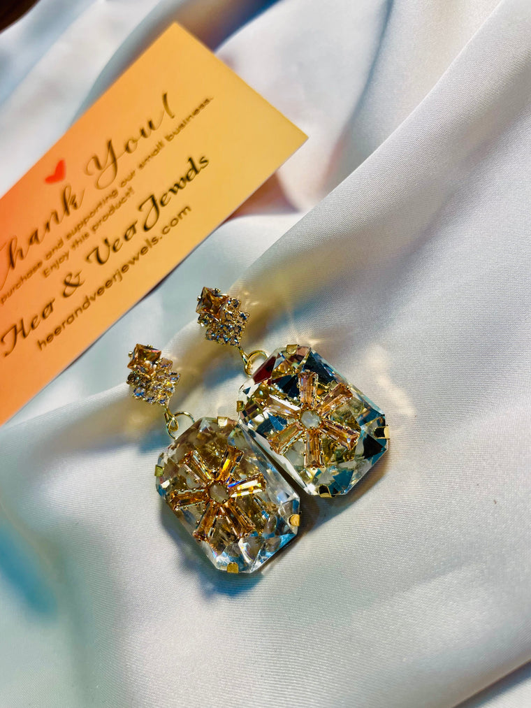 Flower Pattern Crystal Stone Drop Earrings - Party Wear