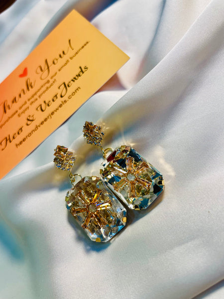 Flower Pattern Crystal Stone Drop Earrings - Party Wear