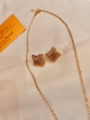 Gold Style Cube Shape Pendent Set - Red Stone