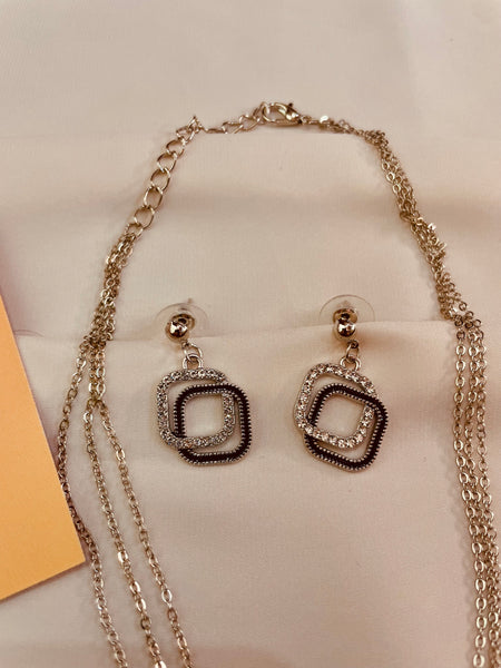 Triple Layer Silver & Black Rhinestone Geometric Pendent Set With Drop Earrings