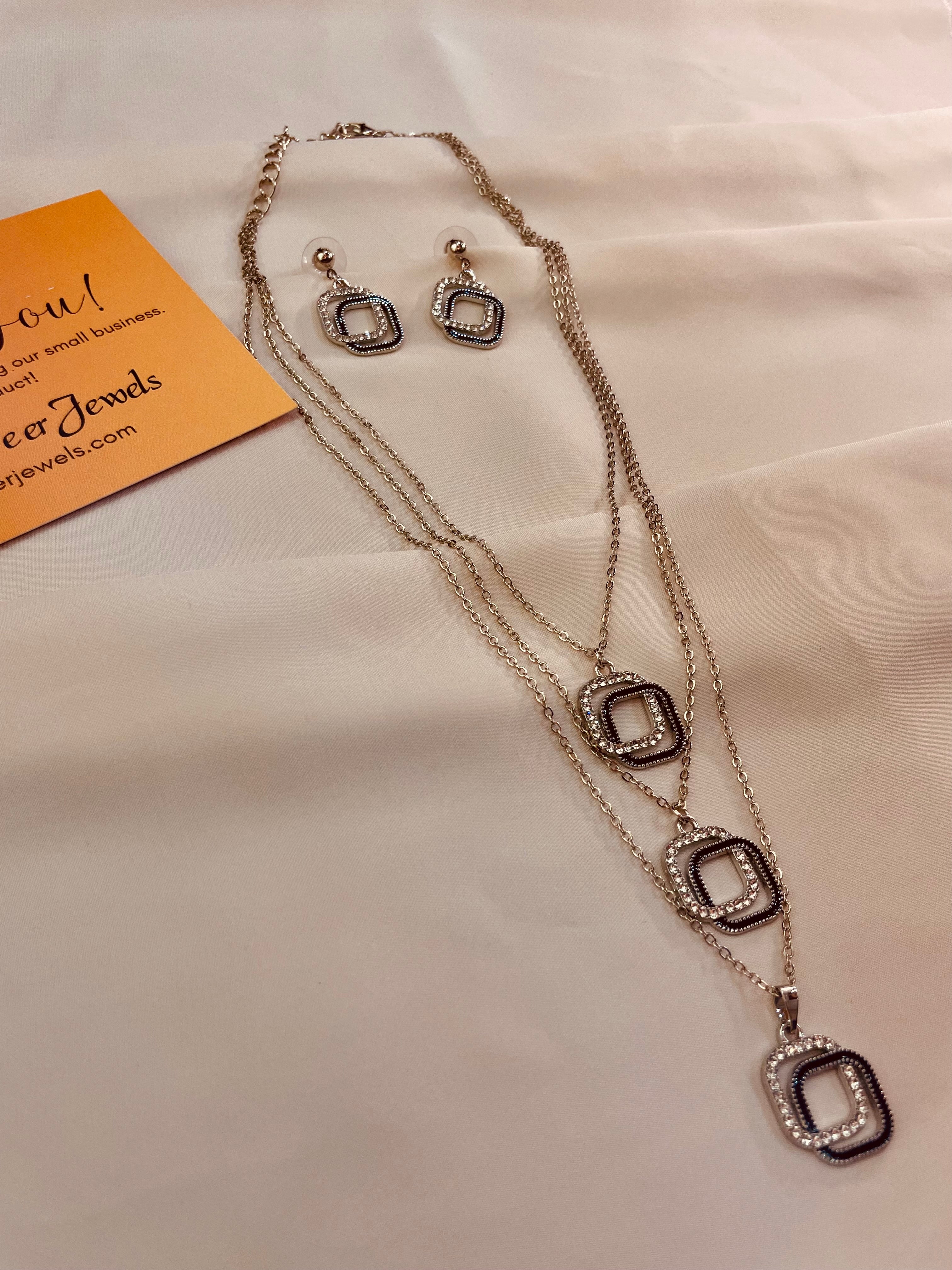 Triple Layer Silver & Black Rhinestone Geometric Pendent Set With Drop Earrings