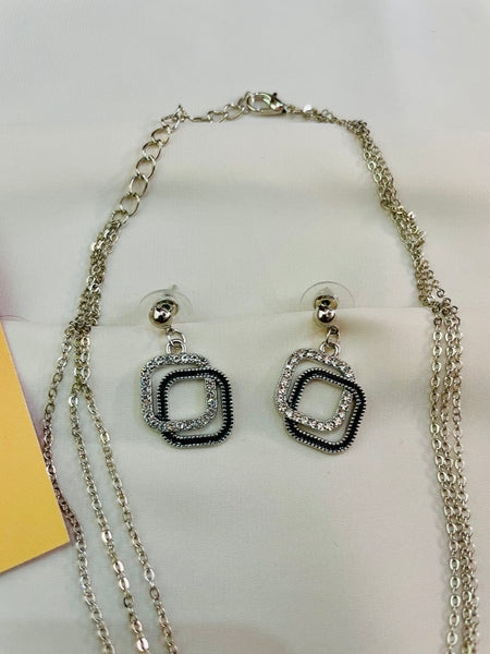 Triple Layer Silver & Black Rhinestone Geometric Pendent Set With Drop Earrings