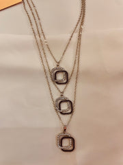 Triple Layer Silver & Black Rhinestone Geometric Pendent Set With Drop Earrings