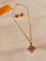 Gold Style Cube Shape Pendent Set - Red Stone