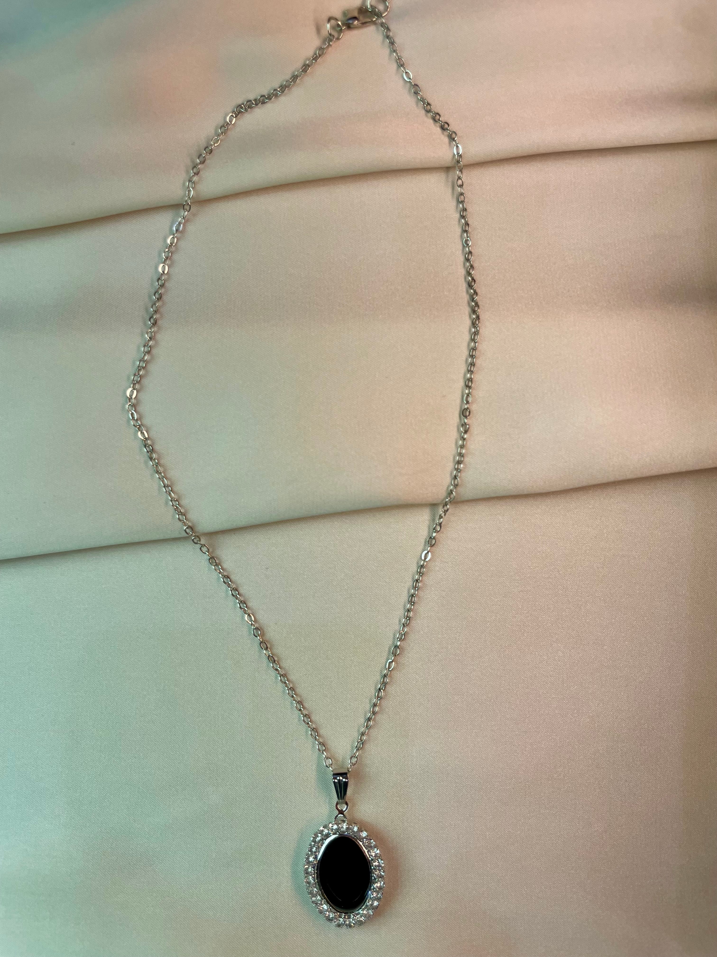 Pendent Set - Silver chain with black stone
