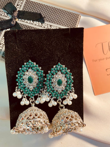 Silver & Green Rhine Stone Jhumki Earrings For Party - Wedding Wears