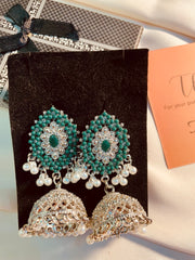 Silver & Green Rhine Stone Jhumki Earrings For Party - Wedding Wears