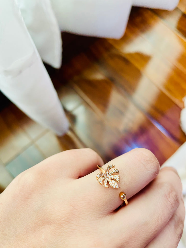 Golden Crystal Leaf Ring (Adjustable) - Tarnish Free