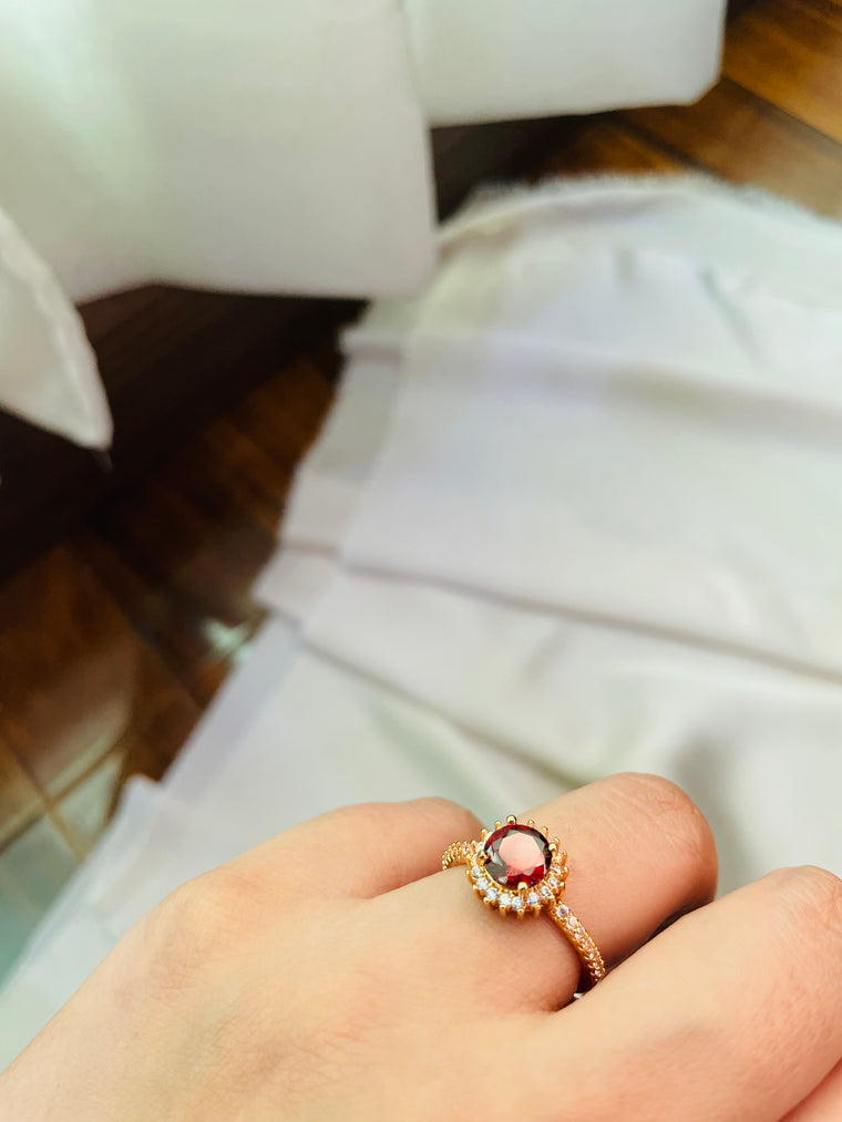 Golden Ring With Vine Red Color Stone (Adjustable) - Tarnish Free