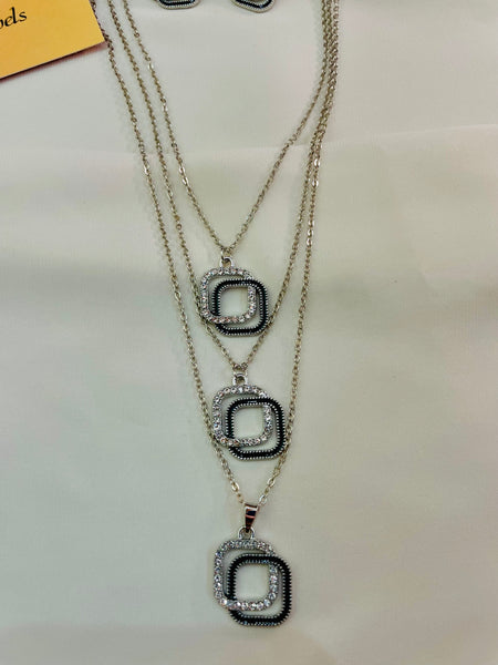 Triple Layer Silver & Black Rhinestone Geometric Pendent Set With Drop Earrings