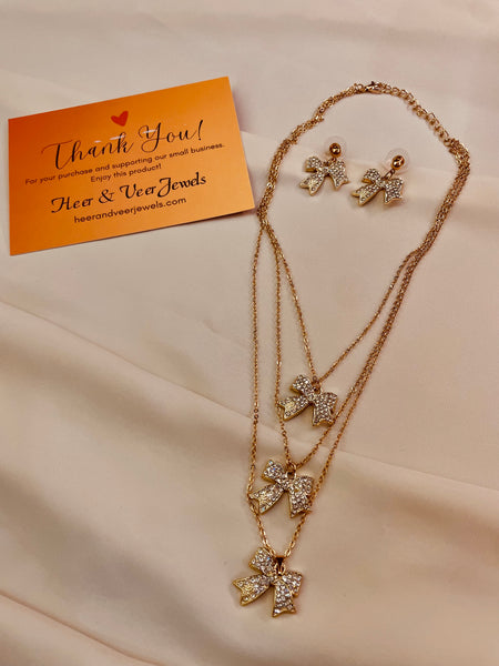 Triple Layer Bow Knot Style Pendent Set With Drop Earrings
