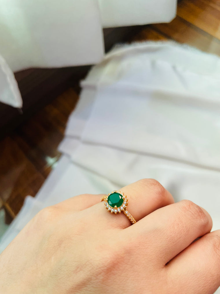 Golden Ring With Green Stone (Adjustable) - Tarnish Free