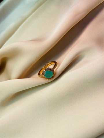 Golden Ring With Aqua Color Stone (Adjustable) - Tarnish Free