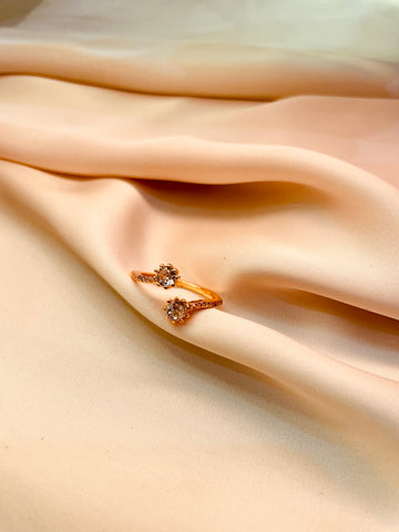 Double Flower Shape Crystal Open Ring (Adjustable) - Tarnish Free