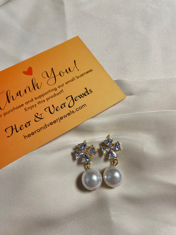 Elegant Crystal Flower & Pearl Drop Earrings